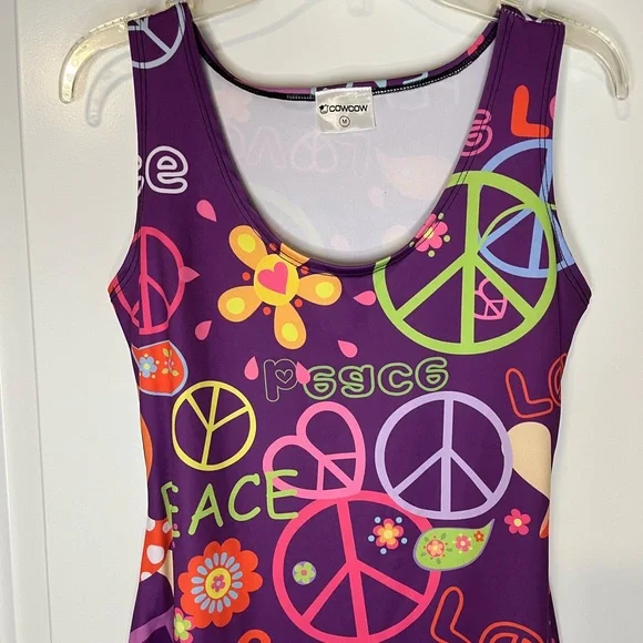 Colorful Y2K Peace Sign Butterfly Flower Power Purple Mini Dress - Picture 2 of 5